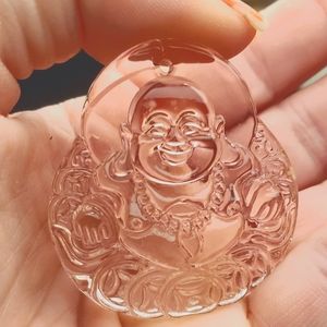 New Hand Carved Pink Crystal Maitreya Pendant.